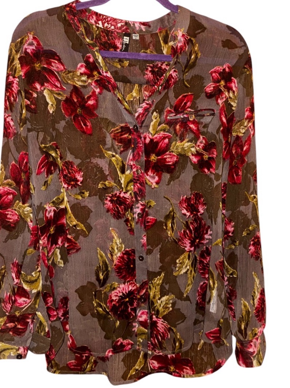 Kut from the Kloth sheer blouse features a taupe and maroon print L - Picture 3 of 6